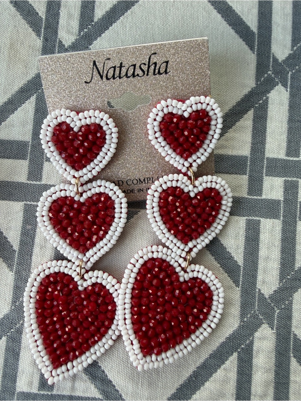 Natasha Couture Red and White Triple Heart Beaded Drop Earrings
